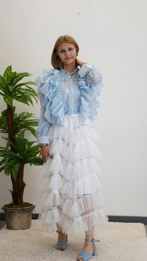 İthal Dantelli Güpürlü Mavi Bluz